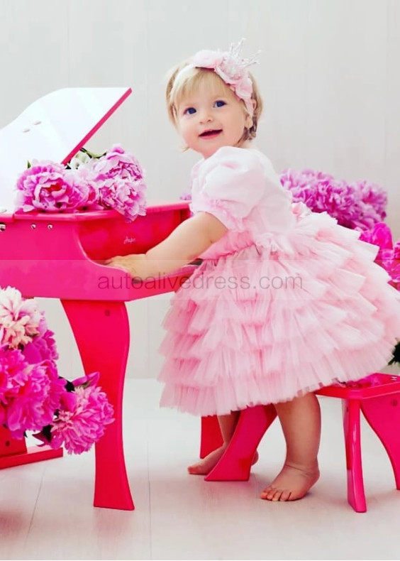 Short Sleeves Pink Satin Tulle Tiered Flower Girl Dress